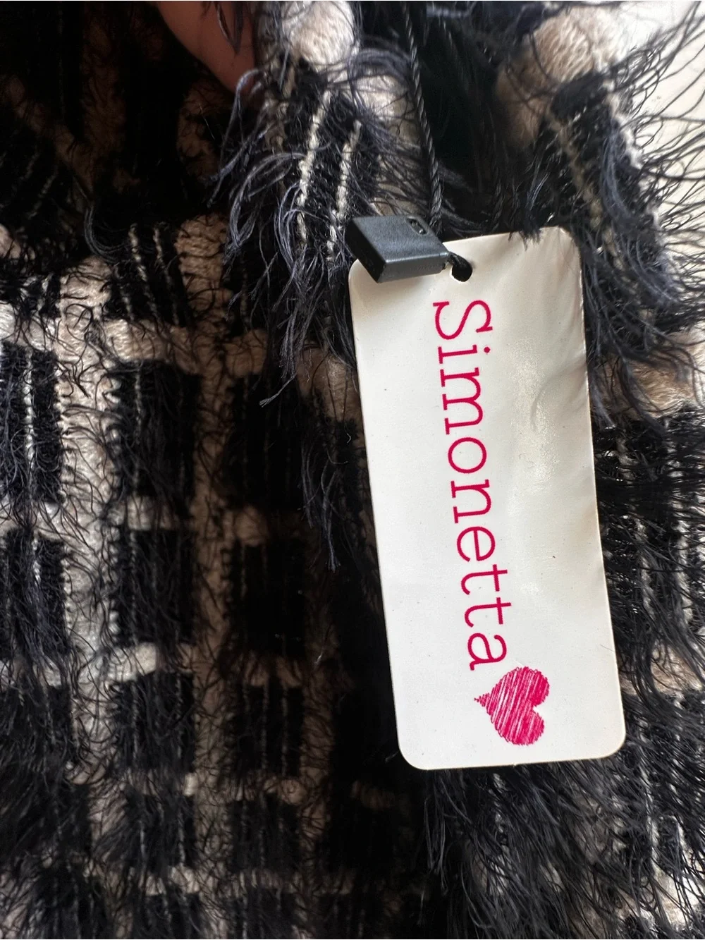 Simonetta Black and Cream Plaid Fringe Poncho